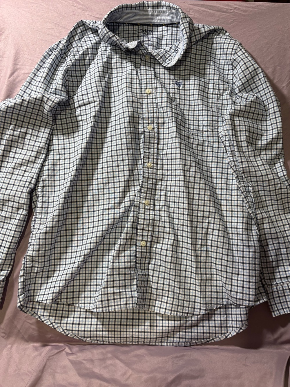 Chaps White and Navy Plaid Casual Button-Down Shirt